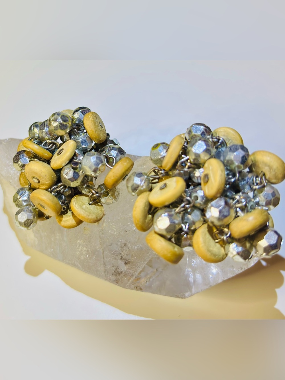 Vintage Japan Wood Metal Bead Cluster Clip On Earrings 1.25” 22g Vaulted